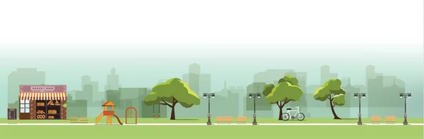 Paisaje natural con jardín, parque público, panadería, parque de atracciones, ilustración vectorial — Archivo Imágenes Vectoriales