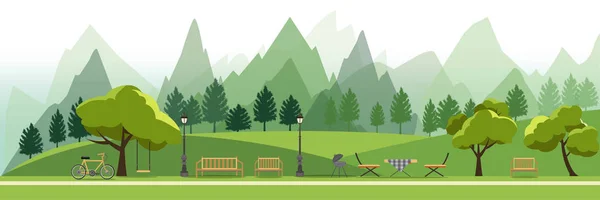 Paisaje natural con jardín, parque público, panadería, parque de atracciones, ilustración vectorial — Vector de stock