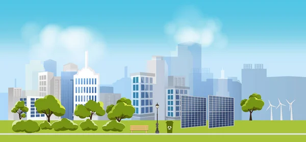 Zielony eco miasta i życia, relaks, krajobraz ogród, miejskich i przemysłowych fabrycznych budynków concept.vector ilustracji — Wektor stockowy