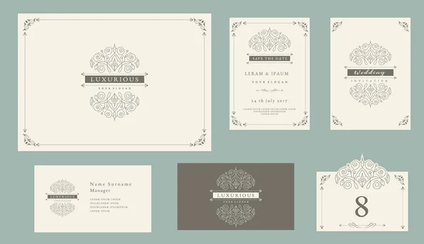 Vintage sieraad set certificaat frame, visitekaartje, bruiloft uitnodiging, behalve de datum, tabelnummer, wenskaarten en luxe logo met isoleren op retro achtergrond. vectorillustratie Stockvector