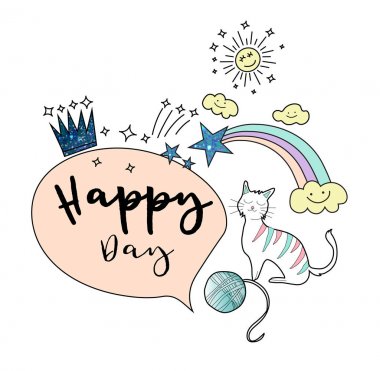 şirin kedi, gökkuşağı, çizilmiş tarzı ile mutlu günü sloganı. vektör çizim