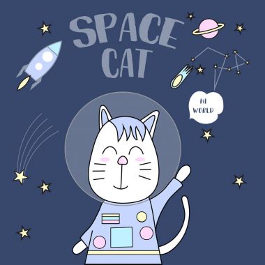 Uzay kedi tipografi için t-shirt baskı, ürün, broşür, kapak, poster, yama, kumaş, el çekilmiş tarzı. vektör çizim
