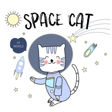 Uzay kedi tipografi için t-shirt baskı, ürün, broşür, kapak, poster, yama, kumaş, el çekilmiş tarzı. vektör çizim