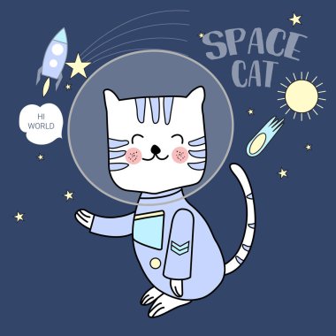 Uzay kedi tipografi için t-shirt baskı, ürün, broşür, kapak, poster, yama, kumaş, el çekilmiş tarzı. vektör çizim