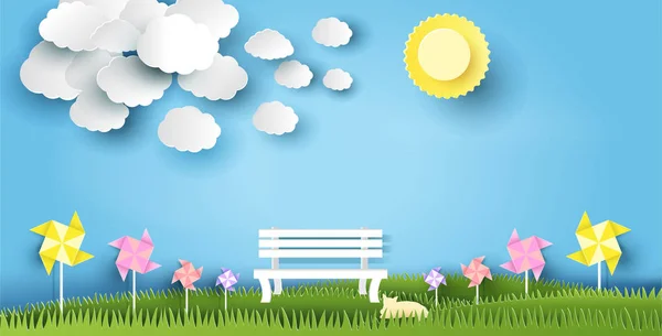 Het ontwerp van het landschap met Bank op gras, zon, wolk, kat, papier kunststijl, op de achtergrond in pastel kleur. vectorillustratie — Stockvector