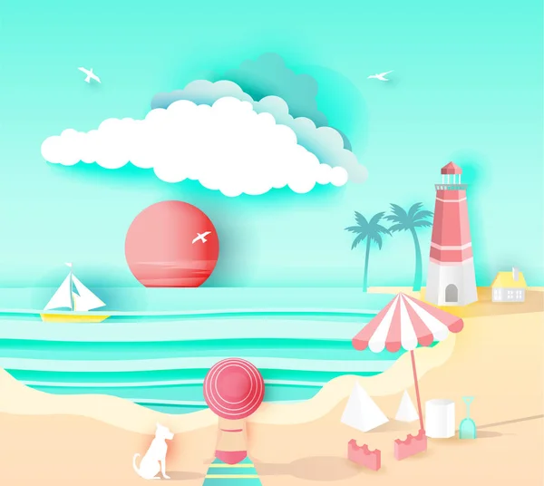 Paysage de plage avec une famille heureuse, style art papier sur fond de couleur pastel illustration vectorielle — Image vectorielle