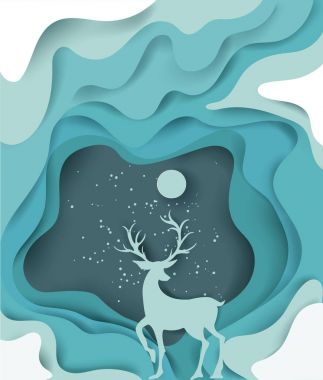 Noel ve mutlu yeni yıl sanat manzara kağıt ağaç ve Ren geyiği ile tasarım. vektör çizim