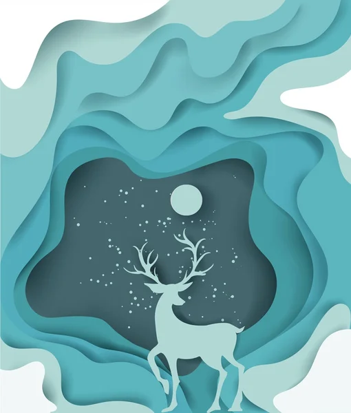 Arte cartacea paesaggio di Natale e felice anno nuovo con albero e renne design. illustrazione vettoriale — Vettoriale Stock