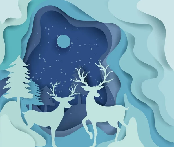 Arte cartacea paesaggio di Natale e felice anno nuovo con albero e renne design. illustrazione vettoriale — Vettoriale Stock