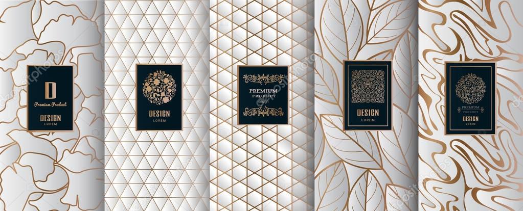Collection of design elements,labels,icon,frames, for packaging,design of luxury products.Made with golden foil.Isolated on silver background. vector illustration