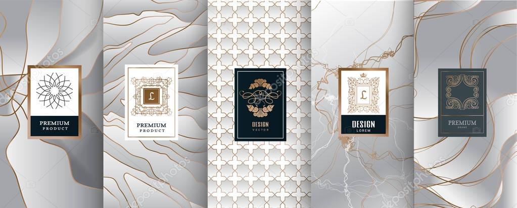 Collection of design elements,labels,icon,frames, for packaging,design of luxury products.Made with golden foil.Isolated on silver and marble background. vector illustration