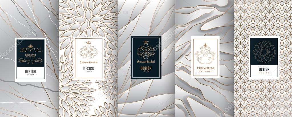 Collection of design elements,labels,icon,frames, for packaging,design of luxury products.Made with golden foil.Isolated on silver and marble background. vector illustration