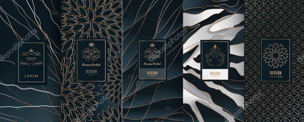 Collection of design elements,labels,icon,frames, for packaging,design of luxury products.Made with golden foil.Isolated on black and marble background. vector illustration