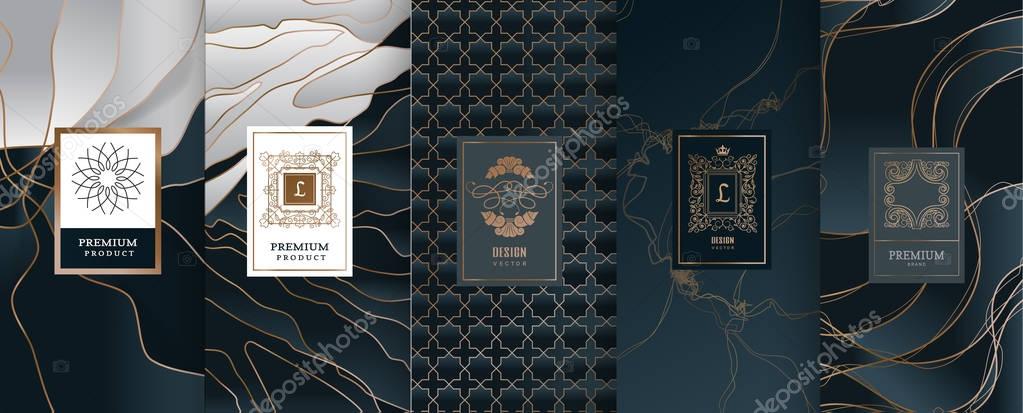 Collection of design elements,labels,icon,frames, for packaging,design of luxury products.Made with golden foil.Isolated on black and marble background. vector illustration