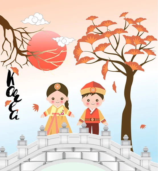Cute Girl Boy Standing Bridge Tree Korean Traditional Costume Sunset Royalty Free Stock Illustrations