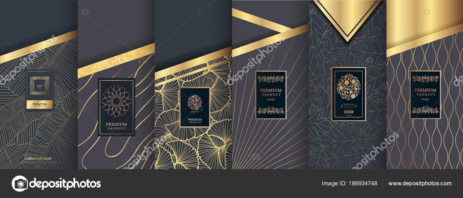 Collection of design elements,labels,icon,frames, for packaging,design of luxury  products. for perfume, soap, wine, lotion.Made with golden foil.Isolated  .Isolated on gold and brown background. vector illustration Stock Vector by  ©artdee2554 18693