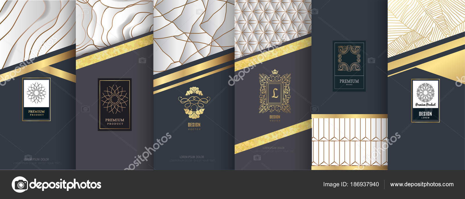 Collection of design elements,labels,icon,frames, for packaging,design of luxury  products. for perfume, soap, wine, lotion.Made with golden foil.Isolated  .Isolated on gold and brown background. vector illustration Stock Vector by  ©artdee2554 18693
