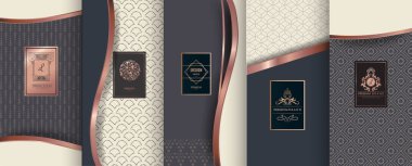 Tasarım öğeleri, etiket, simge, paketleme, lüks ürünlerinin çerçeveler, topluluğu. parfüm, sabun, şarap, losyon. Altın folyo ile yaptı. İzole. Üzerinde mavi arka plan izole. vektör çizim