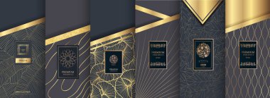 Tasarım öğeleri, etiket, simge, paketleme, lüks ürünlerinin çerçeveler, topluluğu. parfüm, sabun, şarap, losyon. Altın folyo ile yaptı. İzole. Altın ve kahverengi arka plan izole. vektör çizim