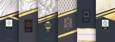 Collection of design elements,labels,icon,frames, for packaging,design of luxury products. for perfume, soap, wine, lotion.Made with golden foil.Isolated .Isolated on silver and marble background. vector illustration clipart