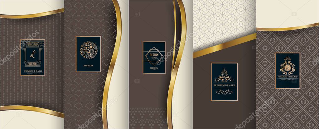 Collection of design elements,labels,icon,frames, for packaging,design of luxury products. for perfume, soap, wine, lotion.Made with golden foil.Isolated on brown background. vector illustration