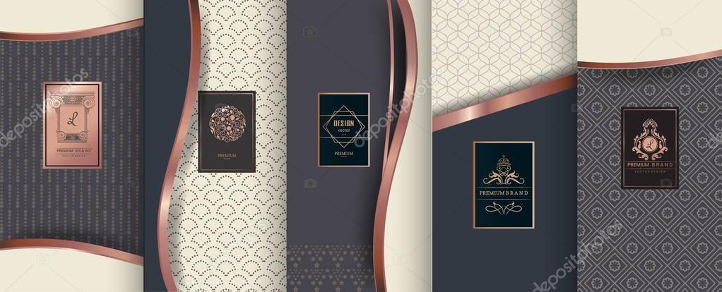 Collection of design elements,labels,icon,frames, for packaging,design of luxury products. for perfume, soap, wine, lotion.Made with golden foil.Isolated .Isolated on blue background. vector illustration