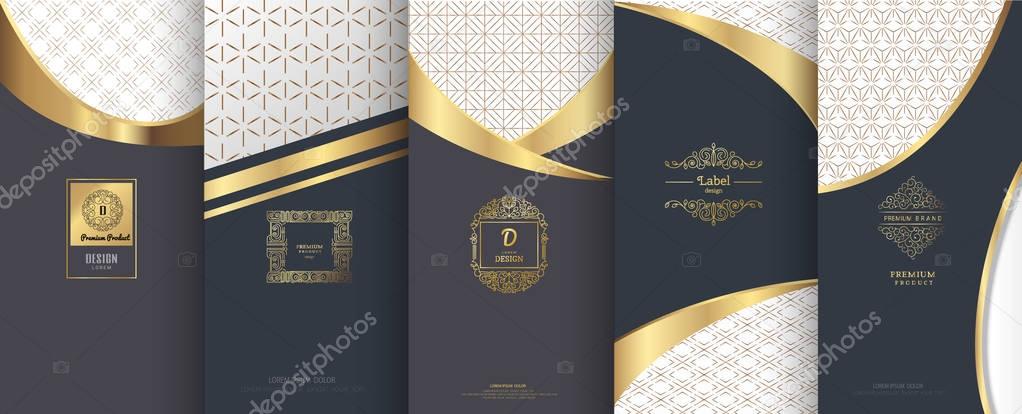 Collection of design elements, labels, icon, frames, for packaging, design of luxury products.for perfume, soap, wine, lotion.Made with golden foil. Isolated on bronze and geometric background. vector illustration