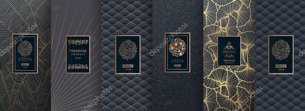 Collection of design elements,labels,icon,frames, for packaging,design of luxury products. for perfume, soap, wine, lotion.Made with golden foil.Isolated .Isolated on gold and brown background. vector illustration