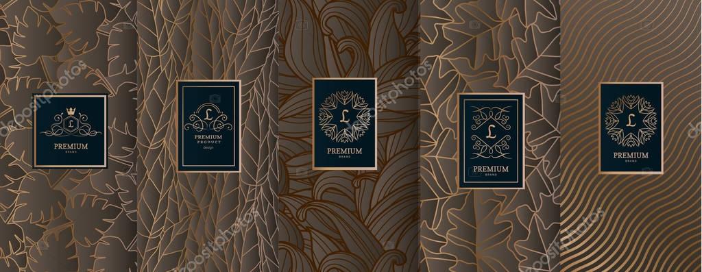 Collection of design elements,labels,icon,frames, for packaging,design of luxury products.for perfume,soap,wine, lotion.Made with golden foil.Isolated on geometric background.vector illustration