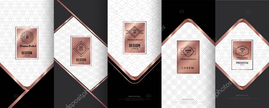 Collection of design elements,labels,icon,frames, for packaging,design of luxury products. for perfume, soap, wine, lotion.Made with copper foil.Isolated on black background. vector illustration