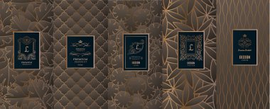 Collection of design elements,labels,icon,frames, for packaging,design of luxury products.for perfume,soap,wine, lotion.Made with golden foil.Isolated on geometric background.vector illustration clipart
