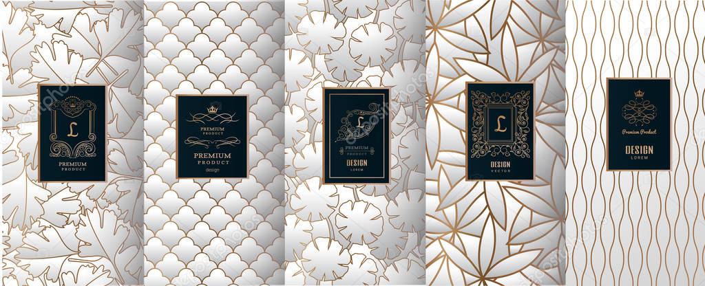 Collection of design elements,labels,icon,frames, for packaging,design of luxury products.for perfume,soap,wine, lotion. Made with golden foil.Isolated on silver color background.vector illustration