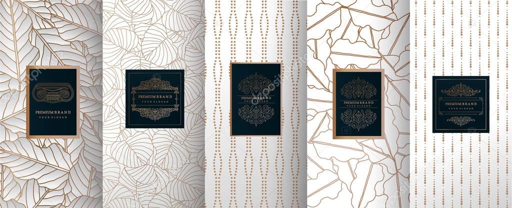 Collection of design elements,labels,icon,frames, for packaging,design of luxury products.for perfume,soap,wine, lotion.Made with golden foil.Isolated on silver background.vector illustration