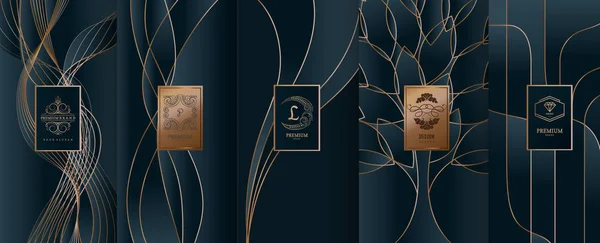 Collection d'éléments de design, étiquettes, icône, cadres, pour l'emballage, design de produits de luxe.pour parfum, savon, vin, lotion.Fabriqué avec feuille d'or.Isolé en ligne background.vector illustration — Image vectorielle