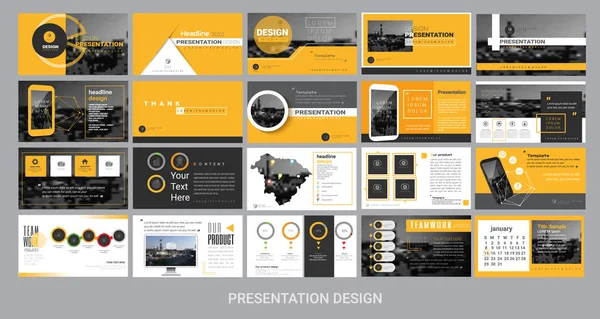 Modello di presentazione per promozione, pubblicità, volantino, brochure, prodotto, report, banner, business, stile moderno su sfondo nero e giallo. illustrazione vettoriale — Vettoriale Stock