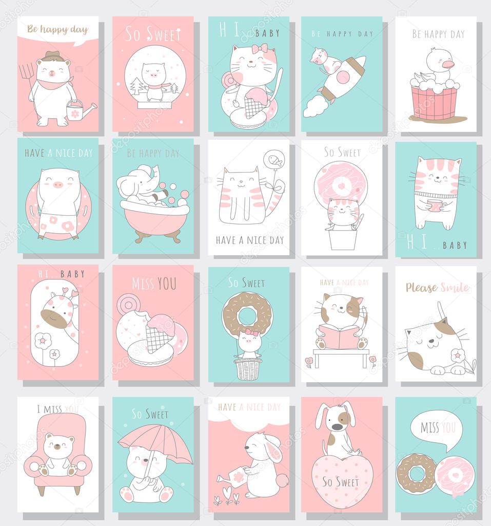 Cute baby animal card cartoon hand drawn style.vector illustration