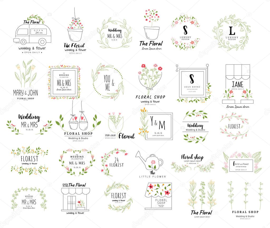 Floral frame set for wedding, flower shop, hand drawn style.vector illustration
