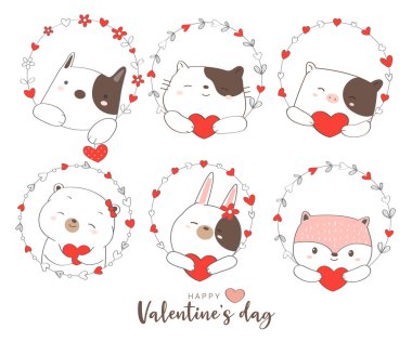 Sevgililer günün kutlu olsun. Sevimli hayvan el çizimi tarzınla.