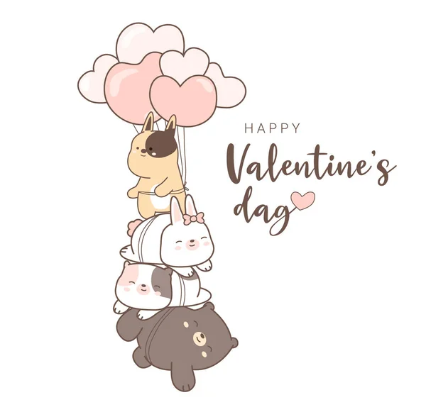 Feliz día de San Valentín con lindo animal dibujado a mano estilo de dibujos animados — Vector de stock