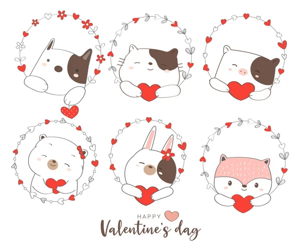 Happy valentines day with cute animal cartoon hand drawn style — Stock Vector