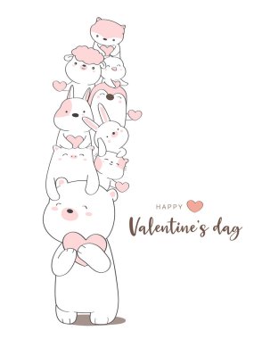 Sevimli hayvan çizgi filmi el çizimi tarzıyla Sevgililer Günün kutlu olsun.