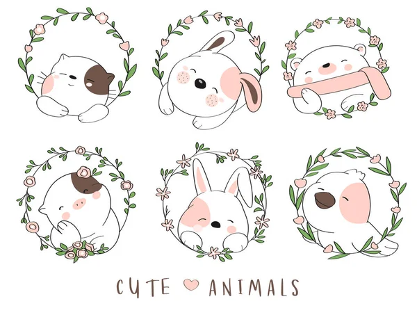 Bébé animal mignon avec bordure de fleur dessin animé dessiné à la main. Illustration vectorielle — Image vectorielle