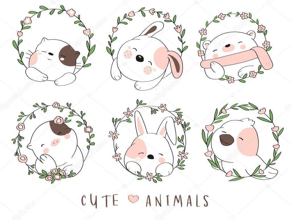 Cute baby animal cartoon hand drawn style.vector illustration