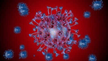 Corona COVID-19 Uyarı SOS. Pandemik bakteri patojen sağlık riski, bağışıklık bilimi, viroloji, epidemiyoloji konsepti. Mikroskop virüs hücresi. 3B illüstrasyon