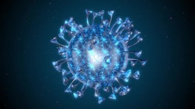 Mikroskop virüs hücresi. Pandemik bakteri patojen sağlık riski, Corona COVID-19 Alarm SOS, immünoloji, viroloji, epidemiyoloji konsepti. 3 boyutlu canlandırma döngüsü canlandırması.