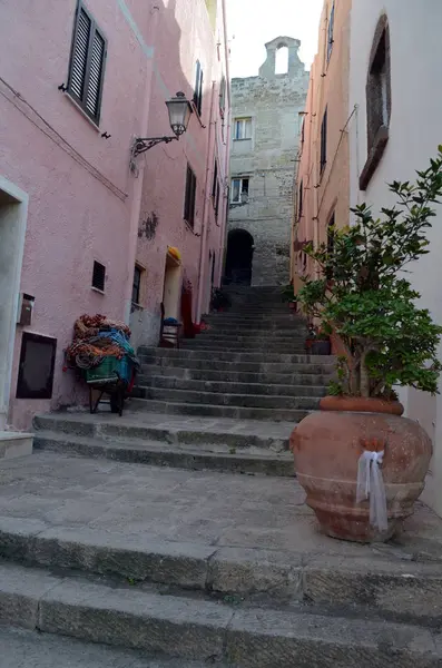 Úzká ulice s strmé schodiště vedoucí na kopec k hrad Doria — Stock fotografie