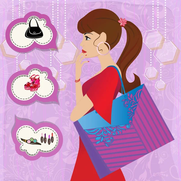 Faire Shopping Fille Rêve Faire Shopping Illustration Sélection Produits Illustration — Image vectorielle