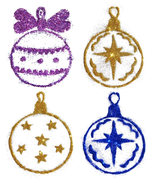 Conjunto com quatro bolas de Natal de ouro, roxo e azul brilho no fundo branco, ícones para o seu design . — Fotografia de Stock