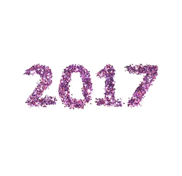 ホワイト バック グラウンド、新年のシンボル、あなたのデザインのアイコンの数字 2017年の紫のきらめき. — ストック写真