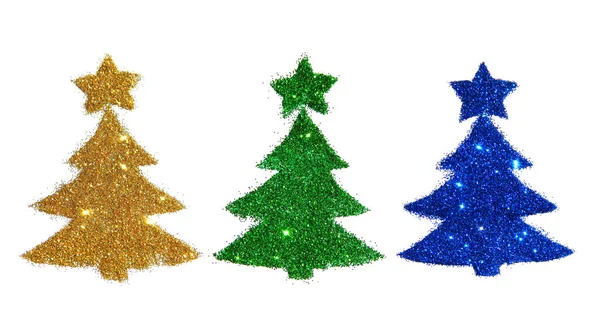 Set con tre alberi di Natale di oro, verde e blu scintillio su sfondo bianco, icone per il vostro disegno . — Foto Stock